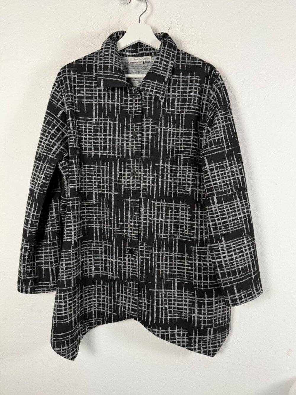 Christopher Calvin Jacket Womens Large Black White Abstract Grid Lagenlook Top